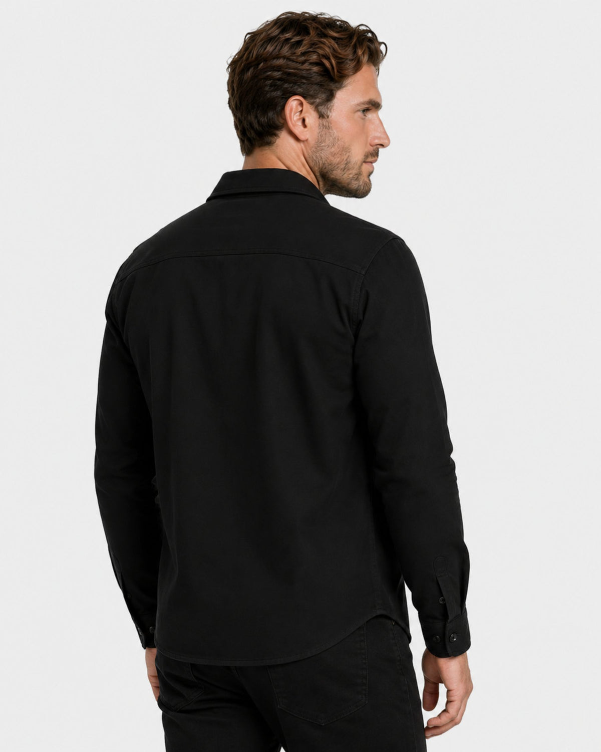 Grant Oak black overshirt on male model, back view upper body, light gray background #Color_black