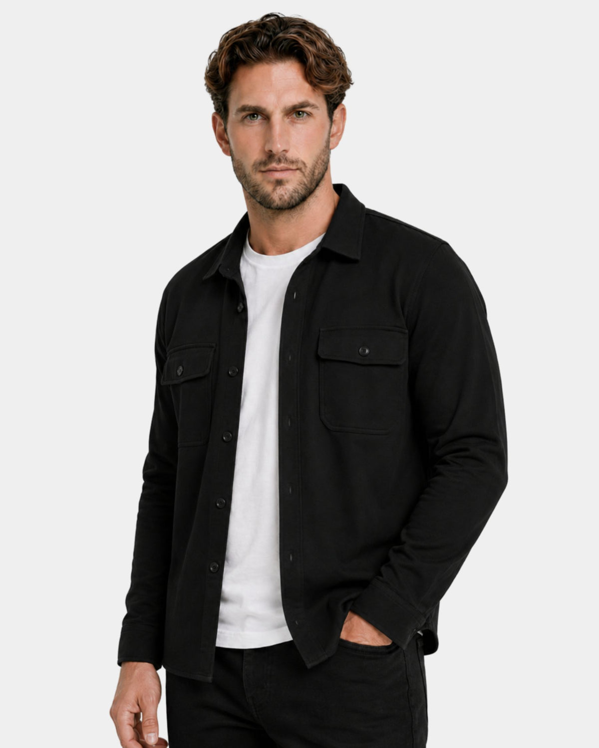 Grant Oak black overshirt worn over a white T-shirt, three-quarter view #Color_black