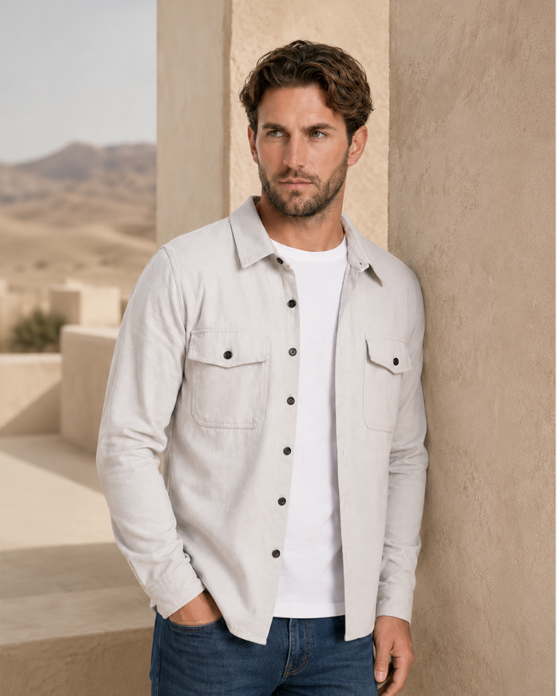 Grant Oak light gray overshirt worn over a white T-shirt, outdoor three-quarter view #Color_light gray
