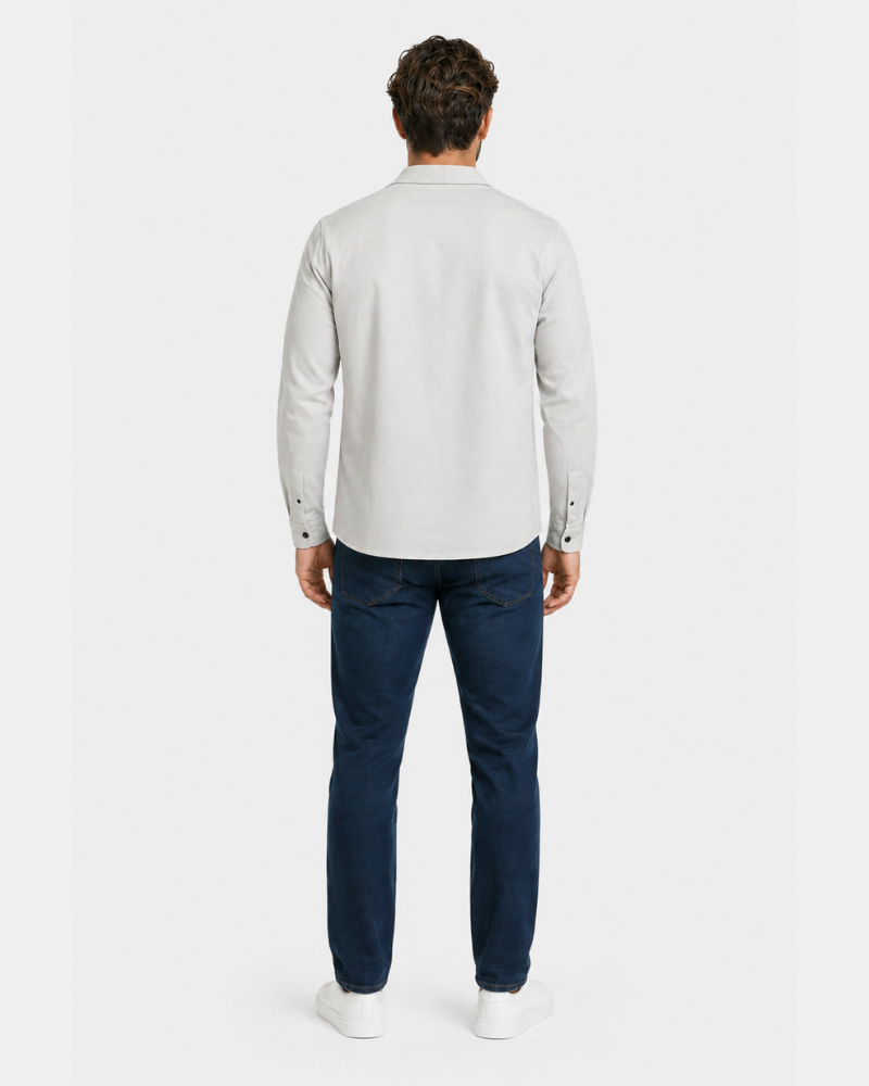 Grant Oak light gray overshirt styled with dark navy trousers, full-body view #Color_light gray