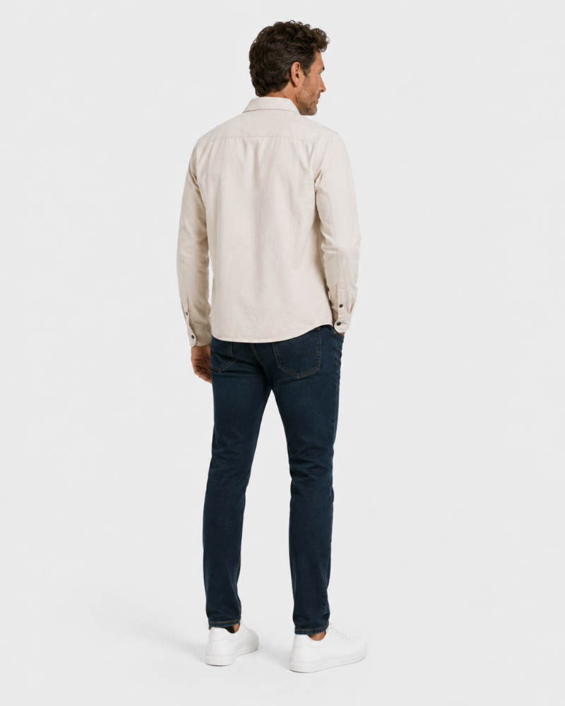 Grant Oak stone overshirt styled with blue jeans, full-body view #color_stone