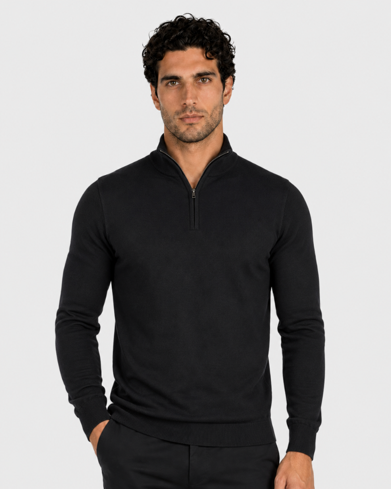 Grant Oak black half-zip knit sweater on male model, front view, upper body, light gray background. #Color_black