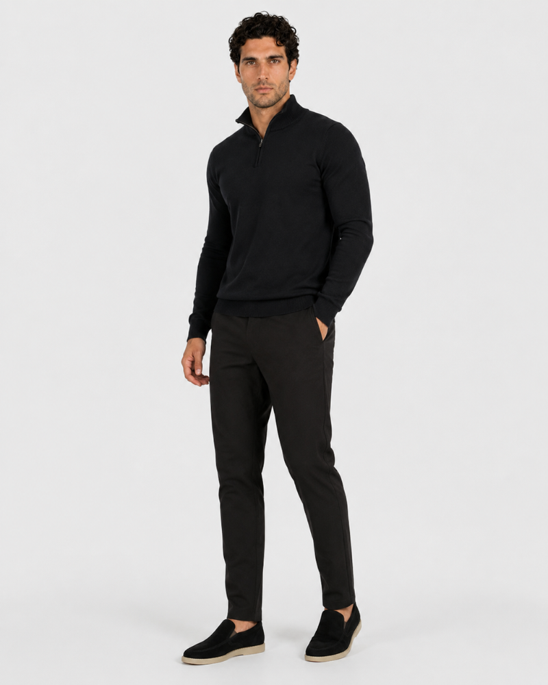 Grant Oak black half-zip knit sweater on male model, three-quarter view, full body, light gray background. #Color_black