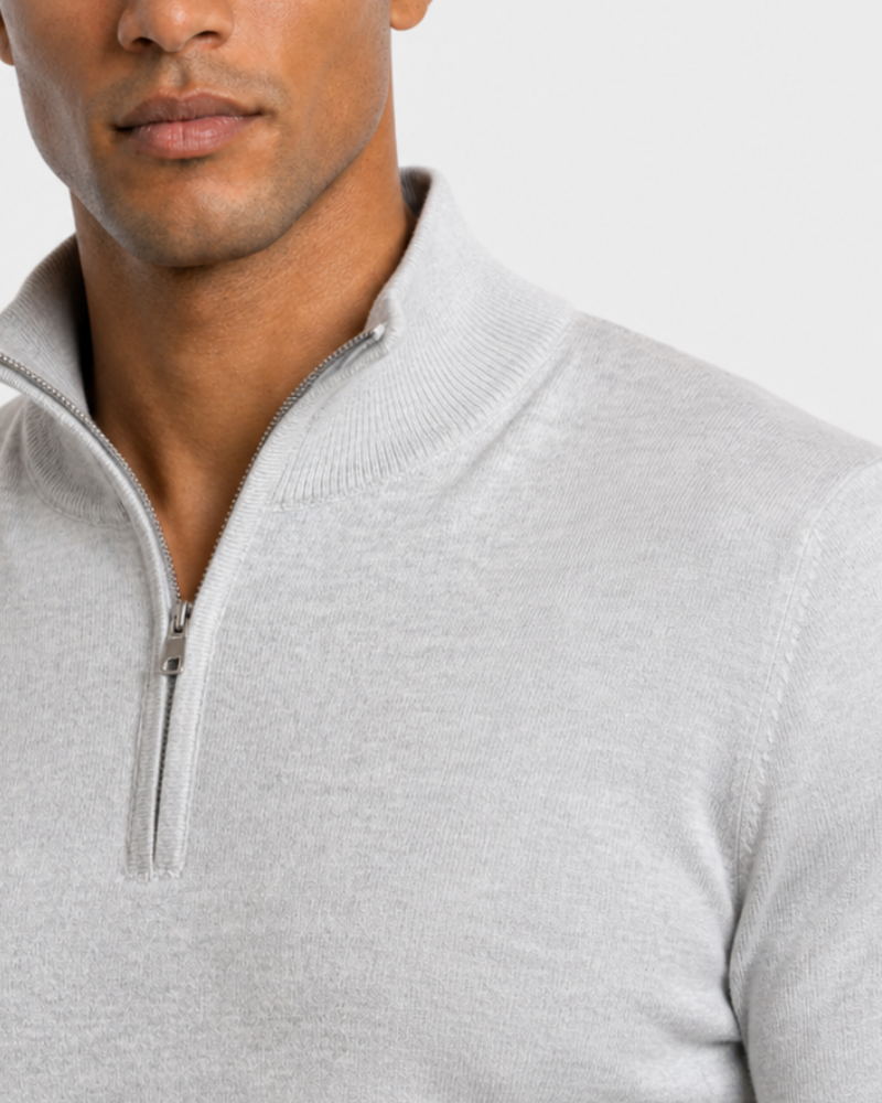 Grant Oak gray Knit Half-Zip Sweater, close-up of zip and collar, light gray background #color_gray