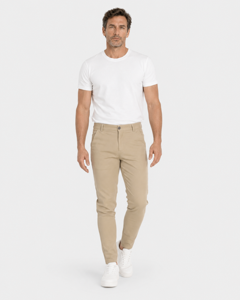 Grant Oak beige lightweight stretch chinos in a slim fit, walking view #color_beige
