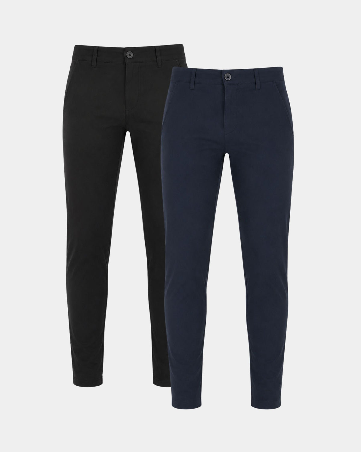 Grant Oak Smart Fit Chinos 2-Pack Black & Navy — two slim-fit trousers on a light gray background, one in black and one in dark navy blue.
