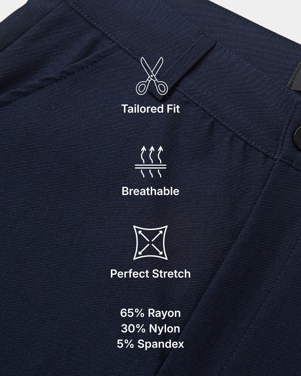 Grant Oak Smart Fit Chinos 2-Pack Navy & Dark Gray — close-up of dark navy fabric with feature icons and text: tailored fit, breathable, perfect stretch, 65% rayon, 30% nylon, 5% spandex.