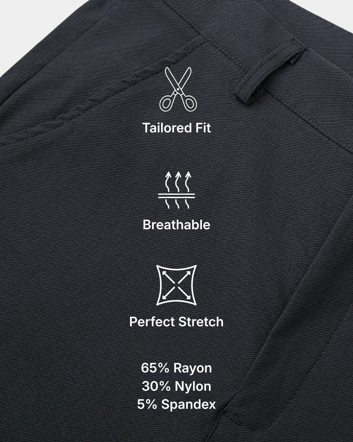 Grant Oak Smart Fit Chinos 4-Pack Essentials — close-up of dark charcoal fabric with feature icons and text: tailored fit, breathable, perfect stretch, material composition details.