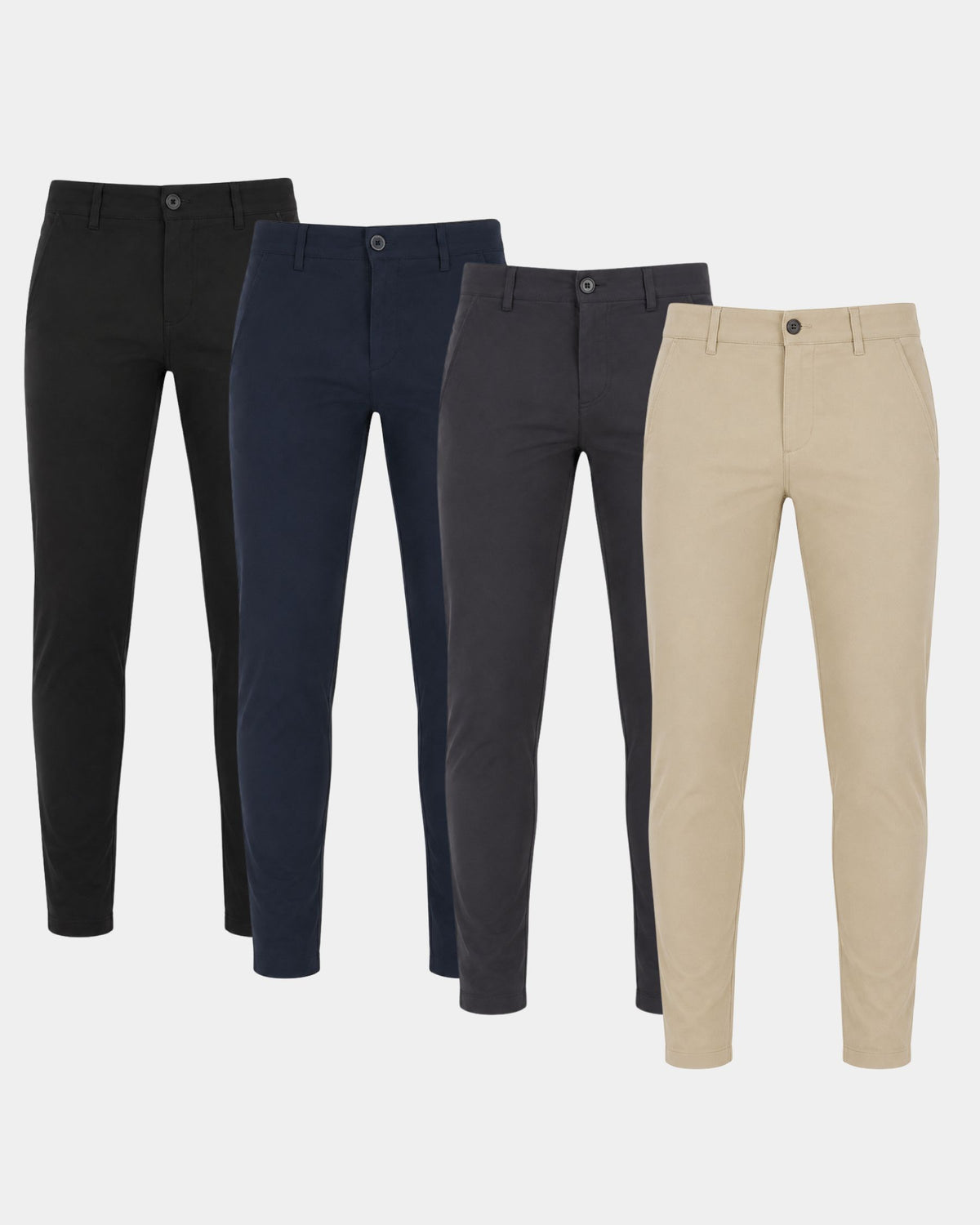 Grant Oak Smart Fit Chinos 4-Pack Essentials — four pairs of slim-fit chinos in black, navy, charcoal, and beige, arranged in a staggered row against a light gray background.