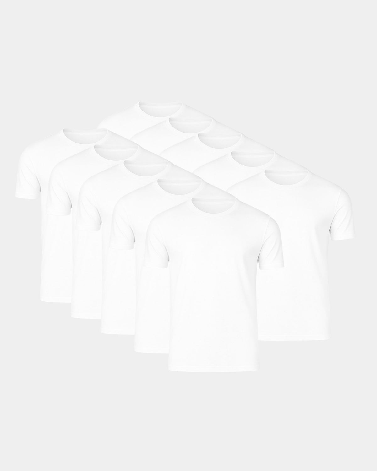 Grant Oak Smart Fit T-Shirt 10-Pack All White — six white t-shirts arranged in a staggered fan shape on a light gray background.
