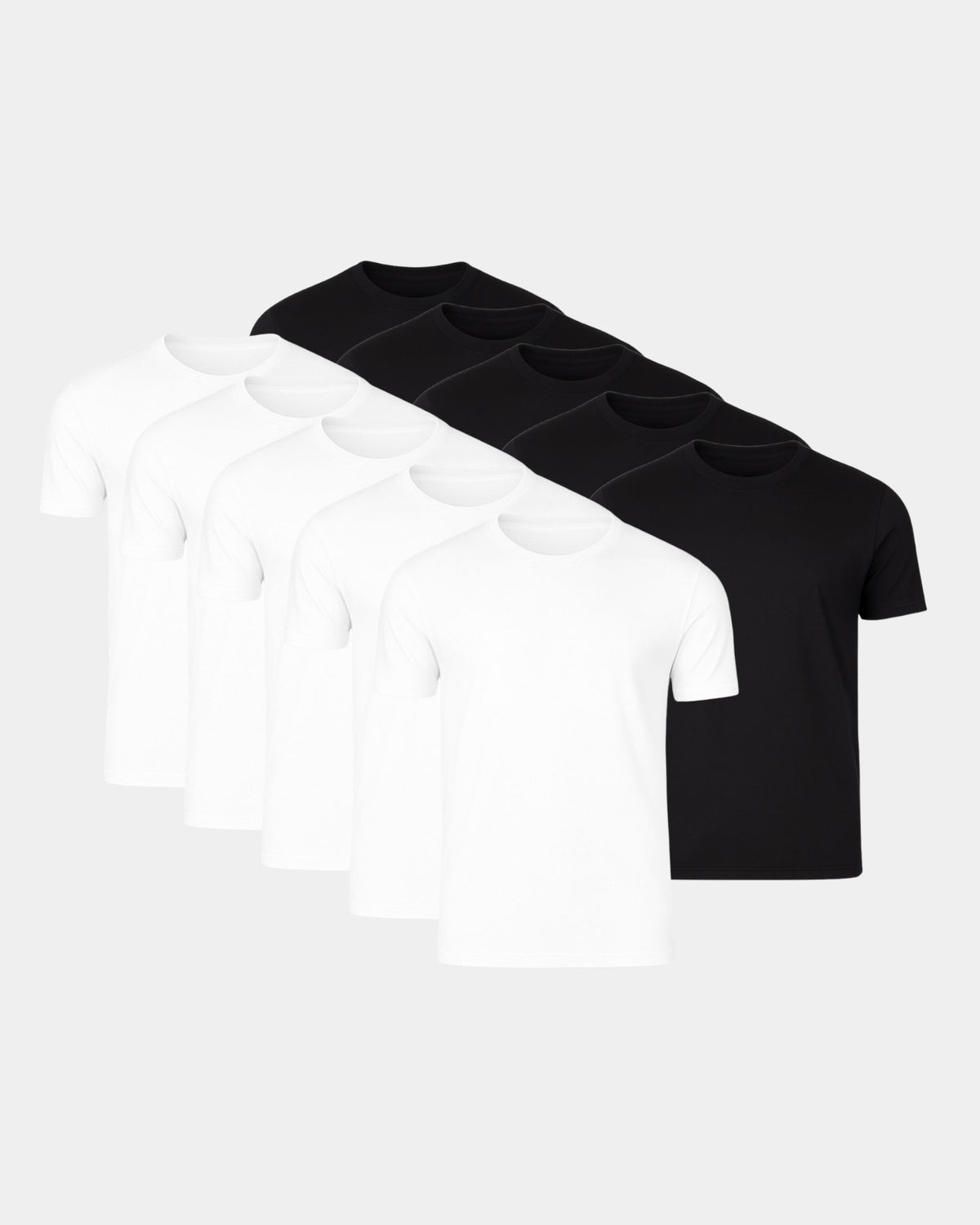Grant Oak Smart Fit T-Shirt 10-Pack Black & White — six t-shirts, four white and two black, arranged in a fan shape on a light gray background.