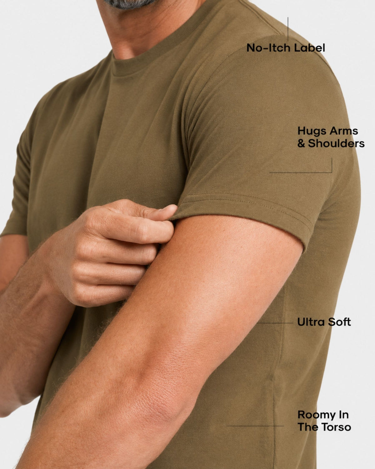 Grant Oak Smart Fit T-Shirt 3-Pack Mixed — olive green t-shirt with feature callouts on a white background.