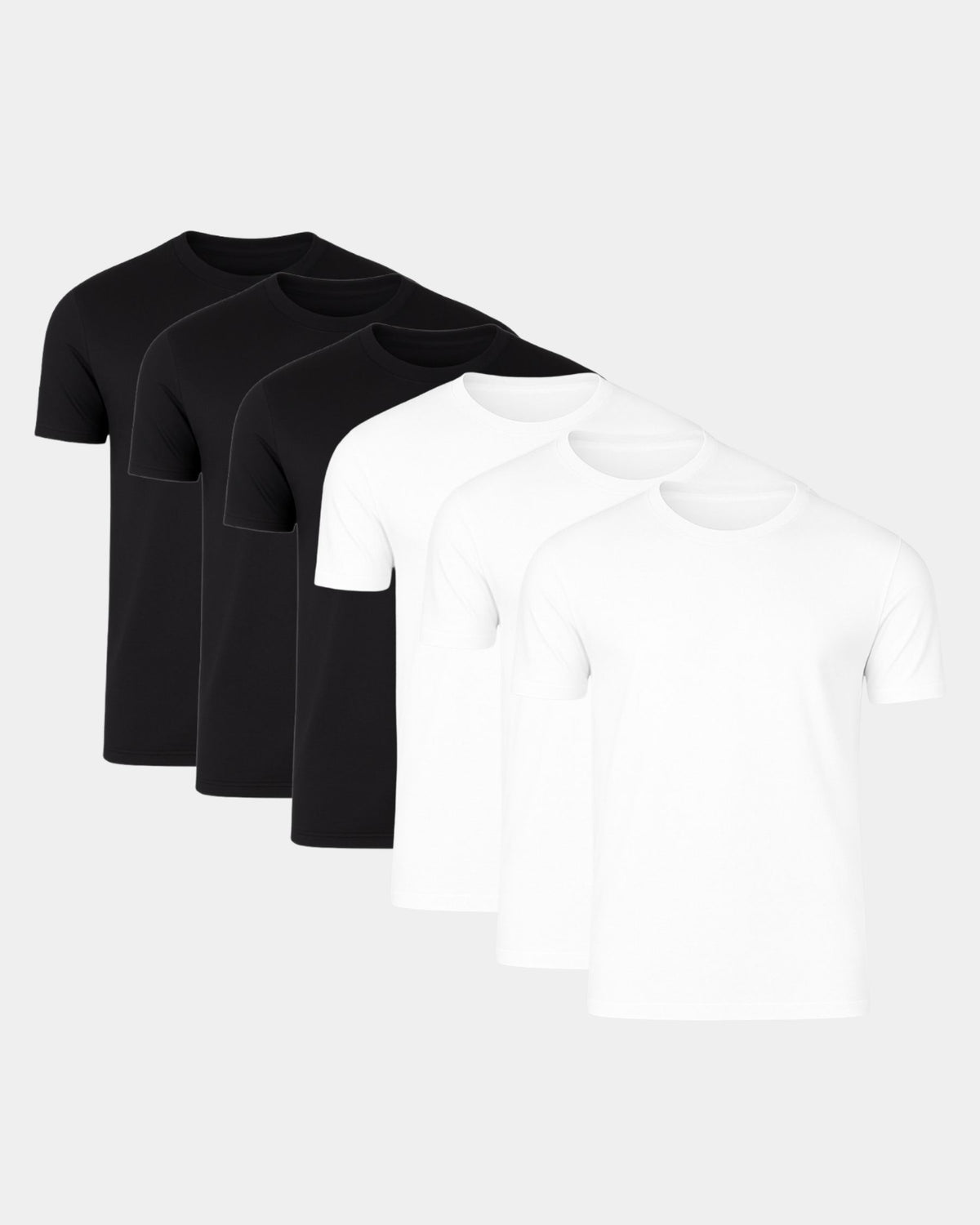 Grant Oak Smart Fit T-Shirt 6-Pack Black & White — five t-shirts in black and white arranged in a staggered fan layout.