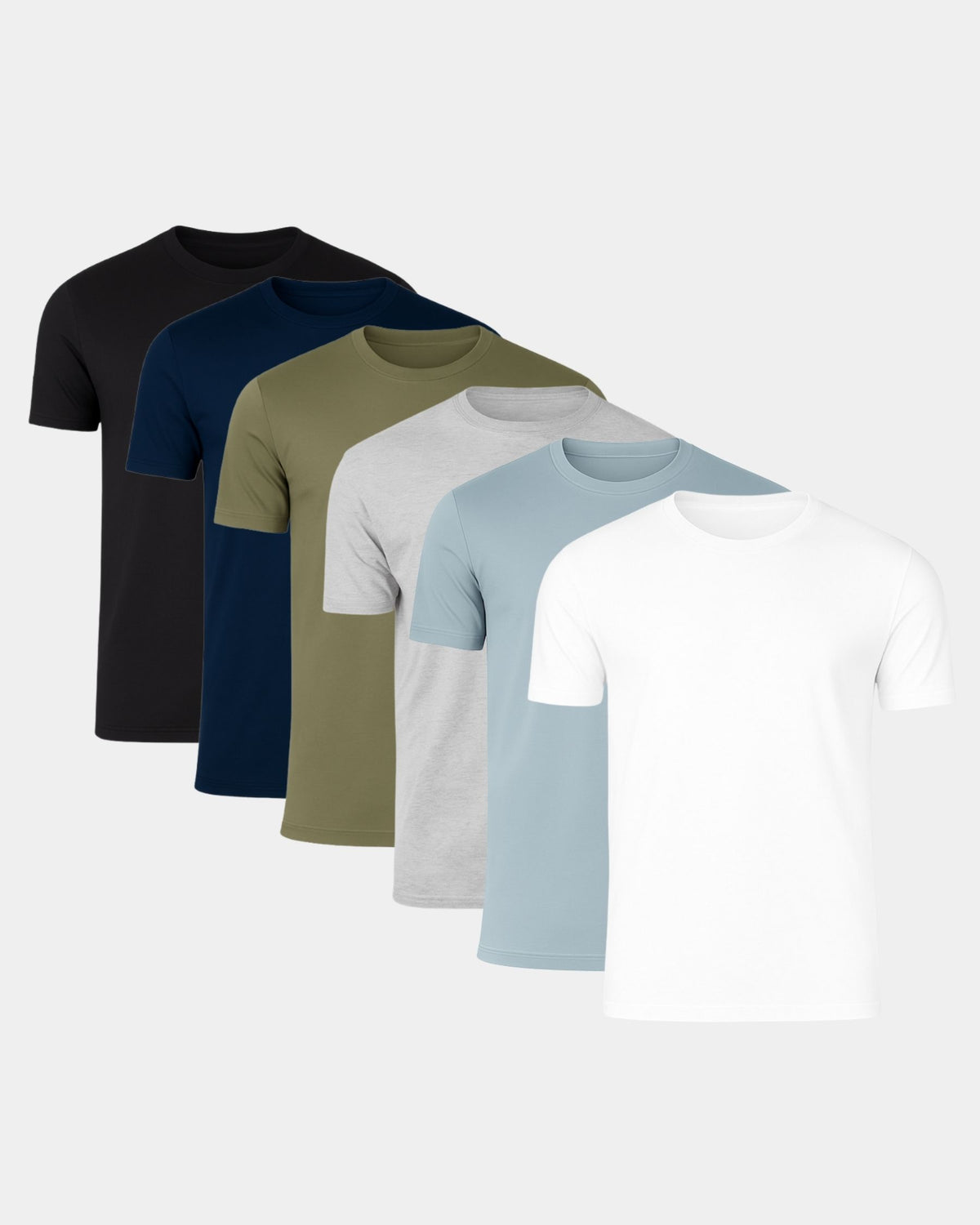 Grant Oak Smart Fit T-Shirt 6-Pack Mixed — six t-shirts in black, navy, olive green, light gray, light blue and white arranged in a diagonal stack.