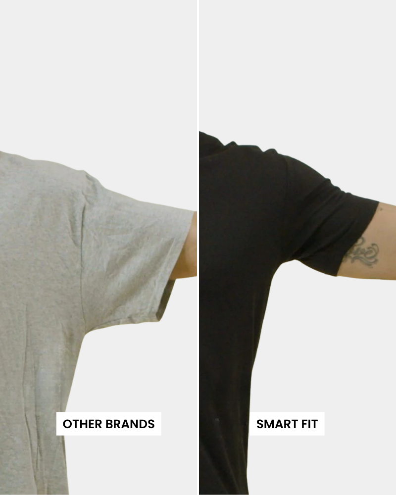 Comparison of arm wearing a gray shirt labeled 'Other Brands' versus a black shirt labeled Grant Oak 'Smart Fit' on a white background.