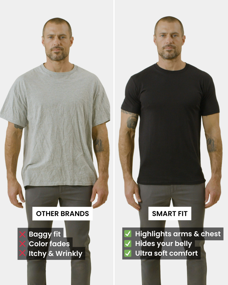 Two men wearing t-shirts with text comparing 'Other Brands' and Grant Oak 'Smart Fit' options.