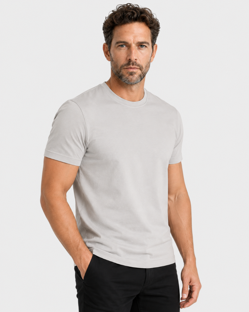 Grant Oak gray crew neck t-shirt on male model, 3/4 angle, gray background #Color_gray
