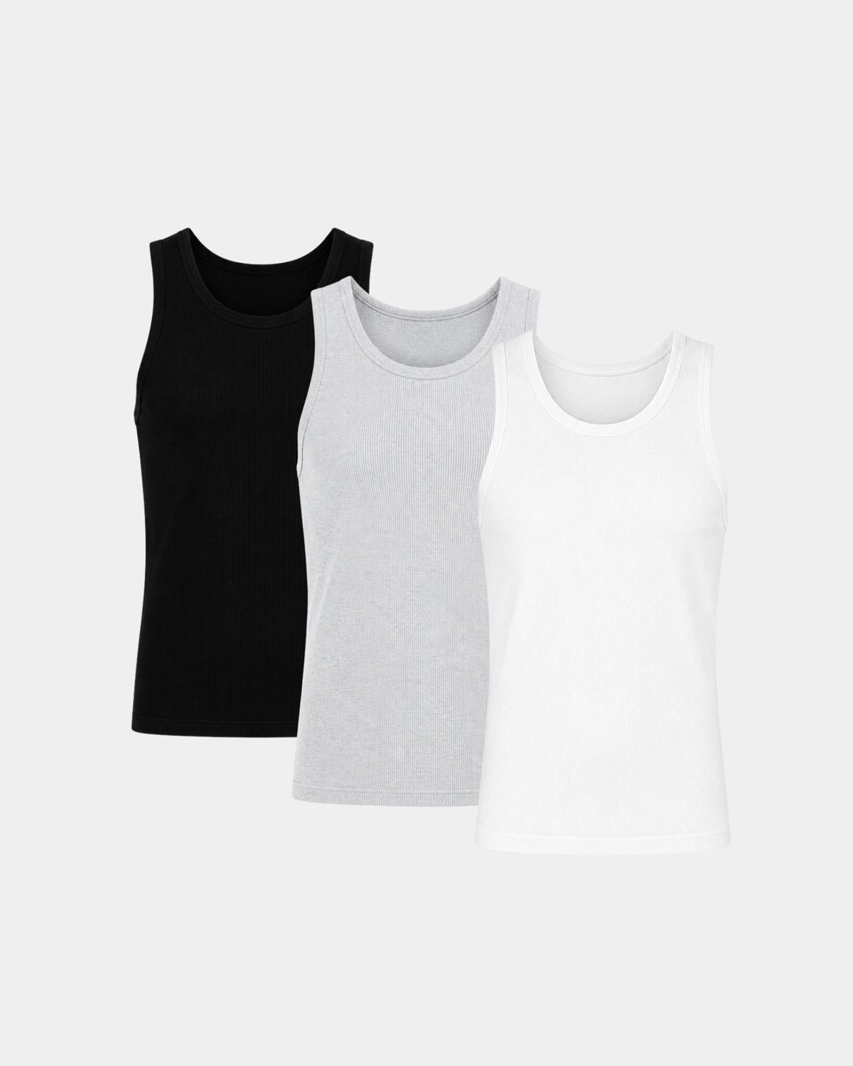 Grant Oak Smart Fit Tank 3-Pack Mixed — three tank tops in black, light gray and white on a light gray background.
