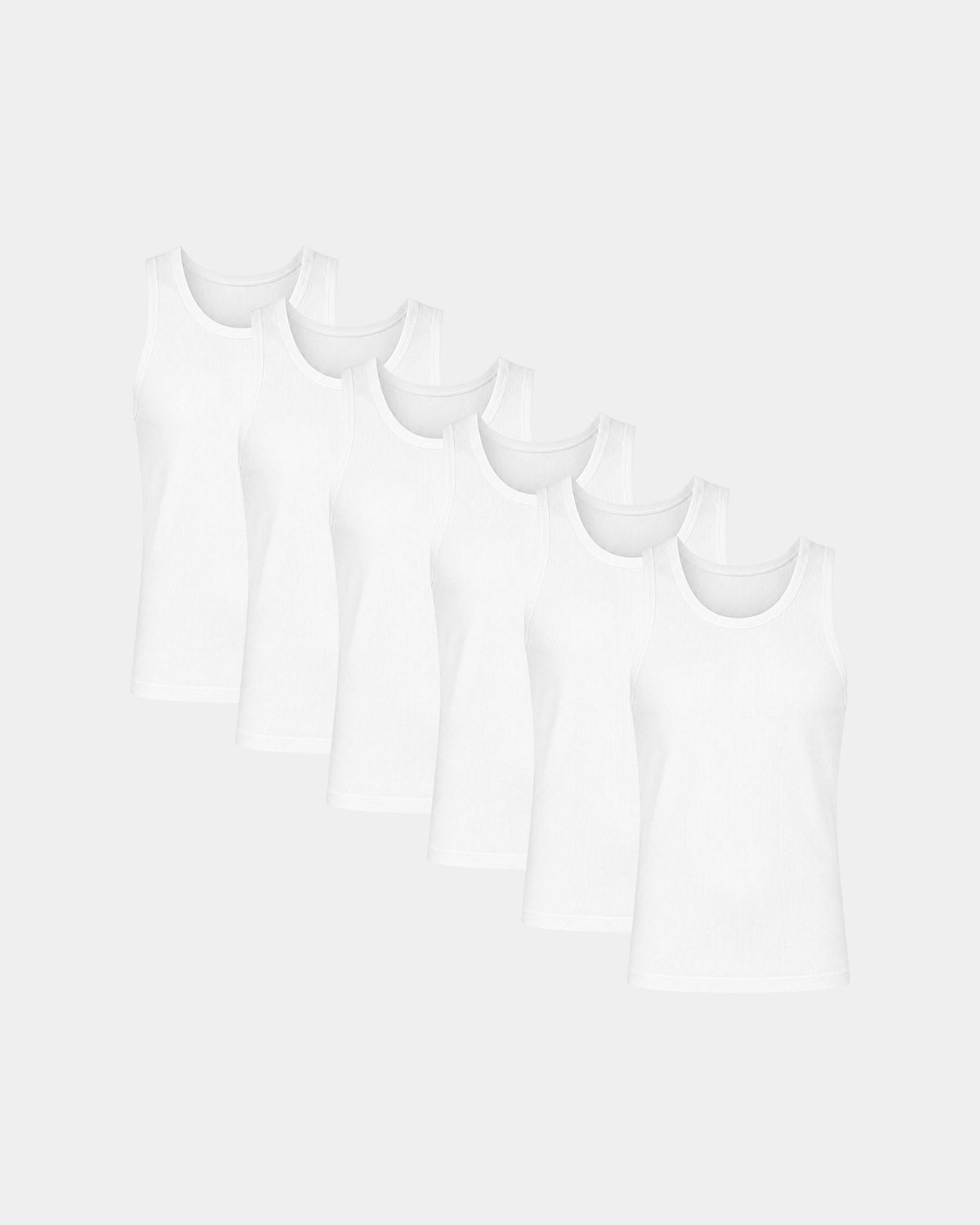 Grant Oak Smart Fit Tank 6-Pack All White — six white sleeveless tank tops arranged in a staggered row on a light gray background.