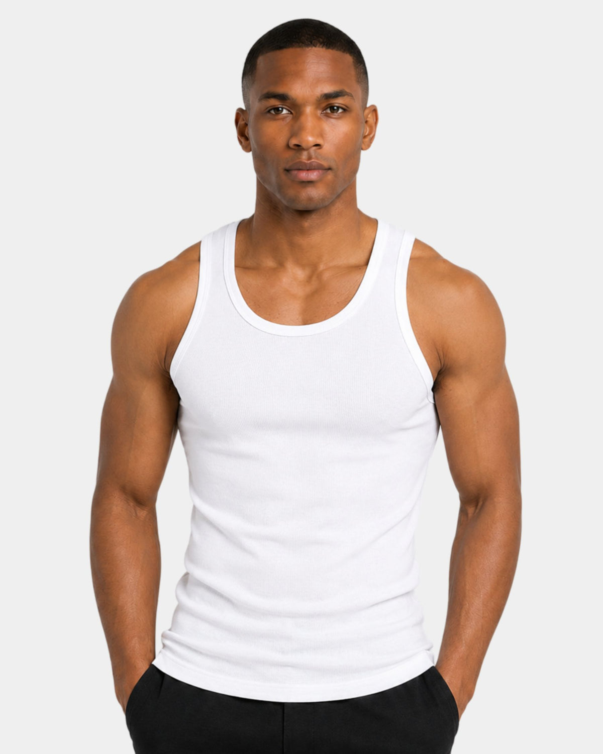 Grant Oak Smart Fit Tank 6-Pack Black & White — man wearing a white tank top against a plain background.
