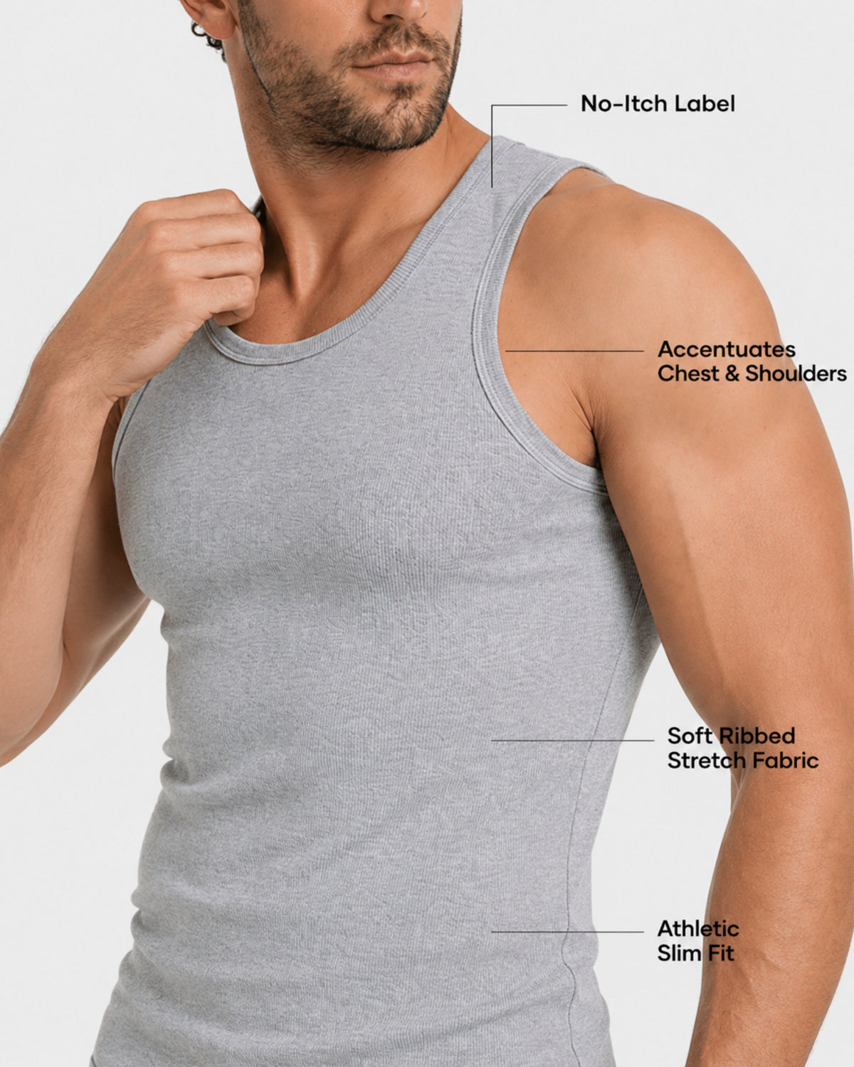 Grant Oak gray ribbed tank top on male model, features callout detail view, light gray background #Color_light gray