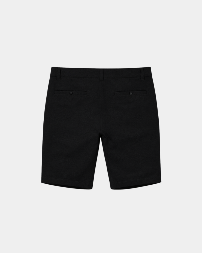 Grant Oak black shorts flat lay back view light gray background #color_black