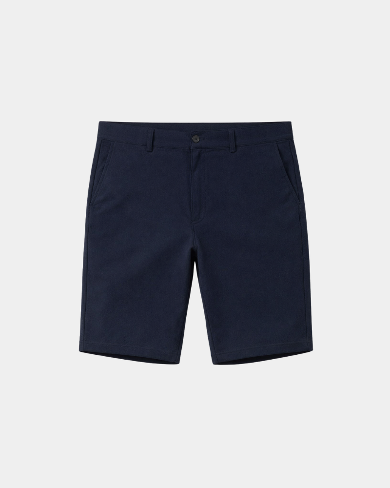 Grant Oak navy shorts flat lay front view light gray background #color_navy