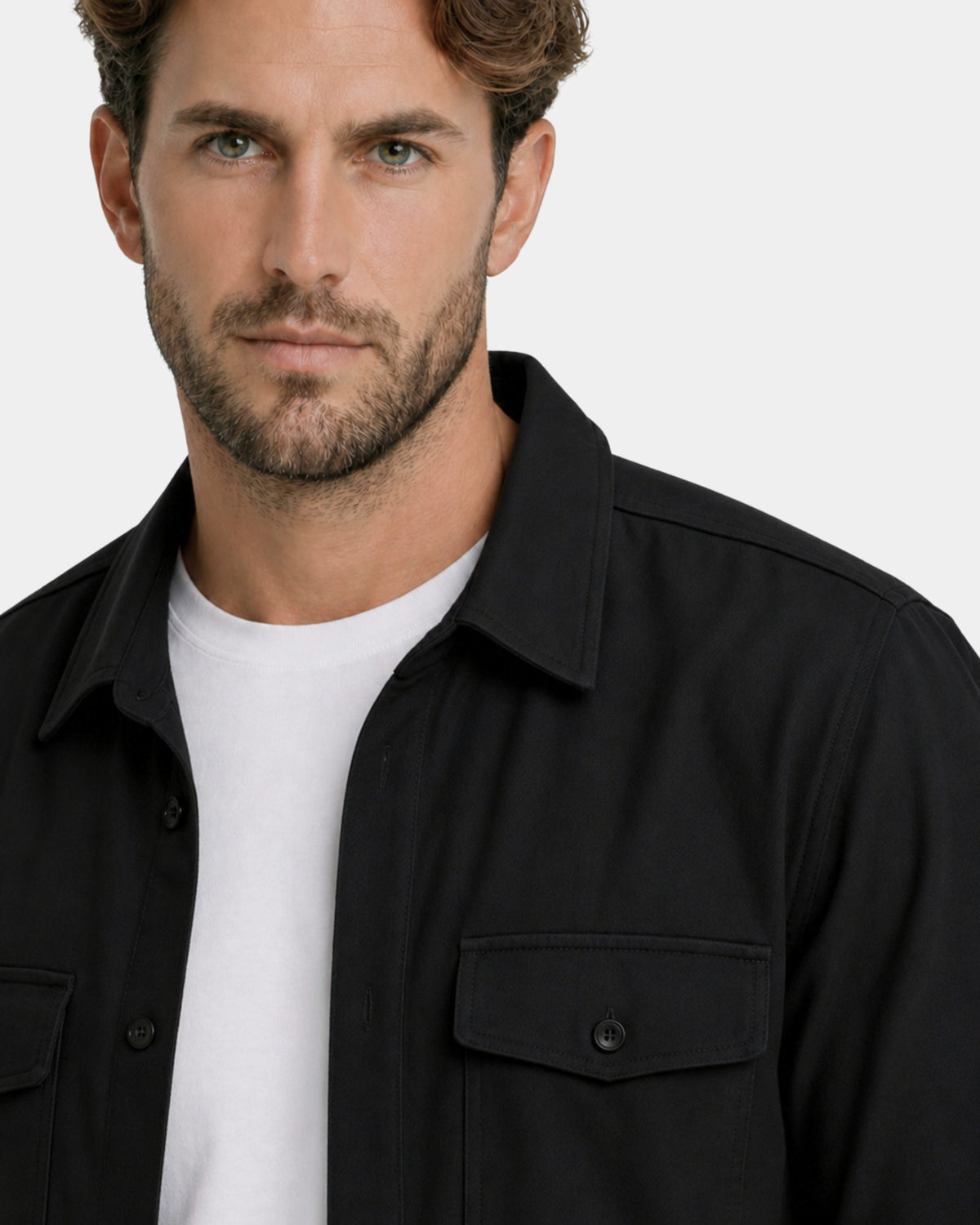Grant Oak black overshirt on male model, close-up detail of collar and chest pocket, light gray background #Color_black