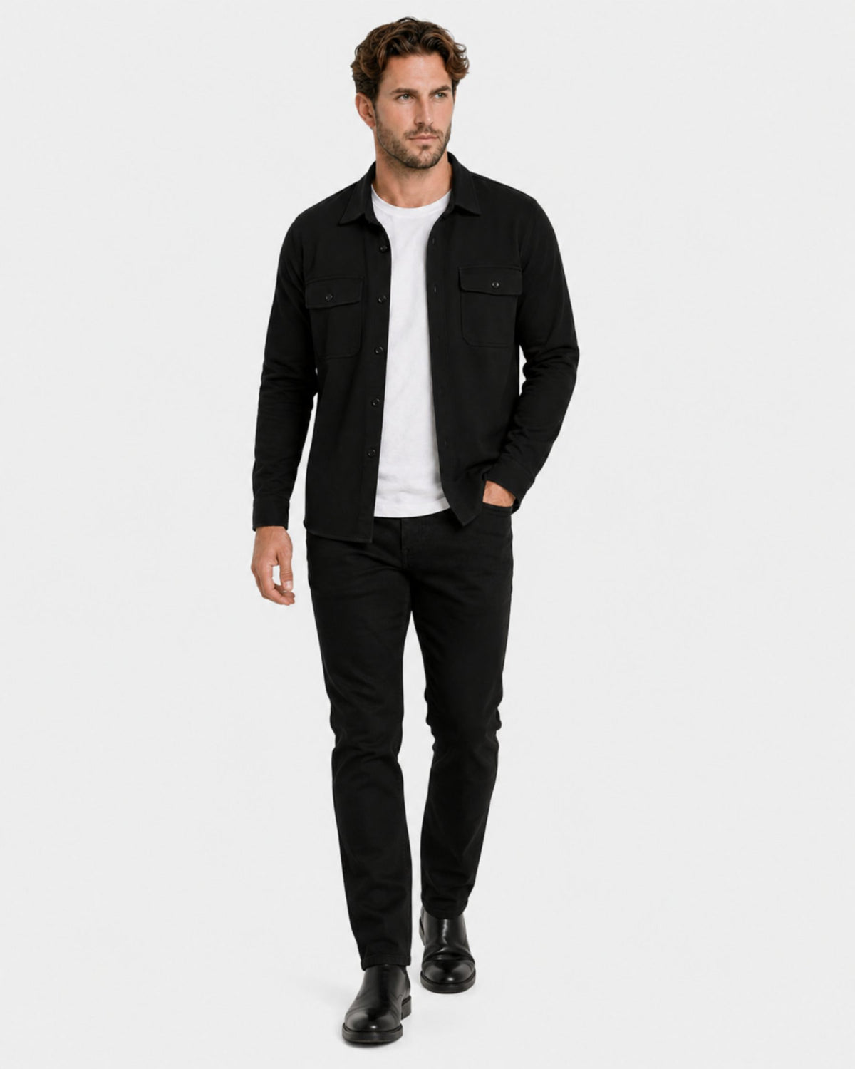 Grant Oak black overshirt styled with trousers, full-body three-quarter view #Color_black