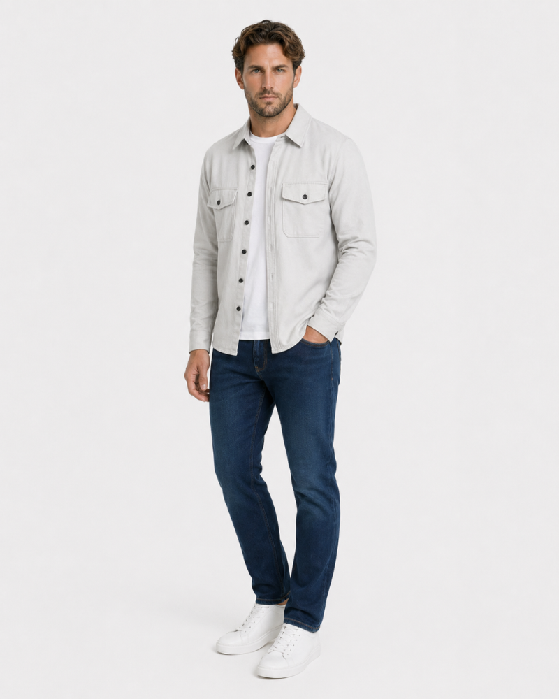 Grant Oak light gray overshirt styled with a white T-shirt, blue jeans and white sneakers #Color_light gray
