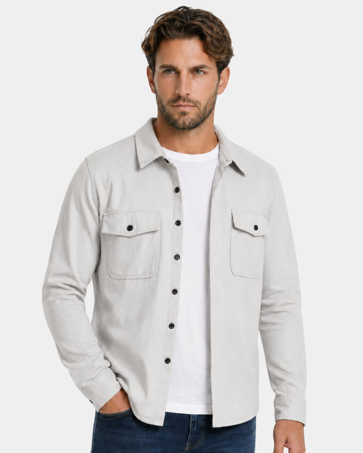 Grant Oak light gray overshirt worn over a white T-shirt, three-quarter view #Color_light gray