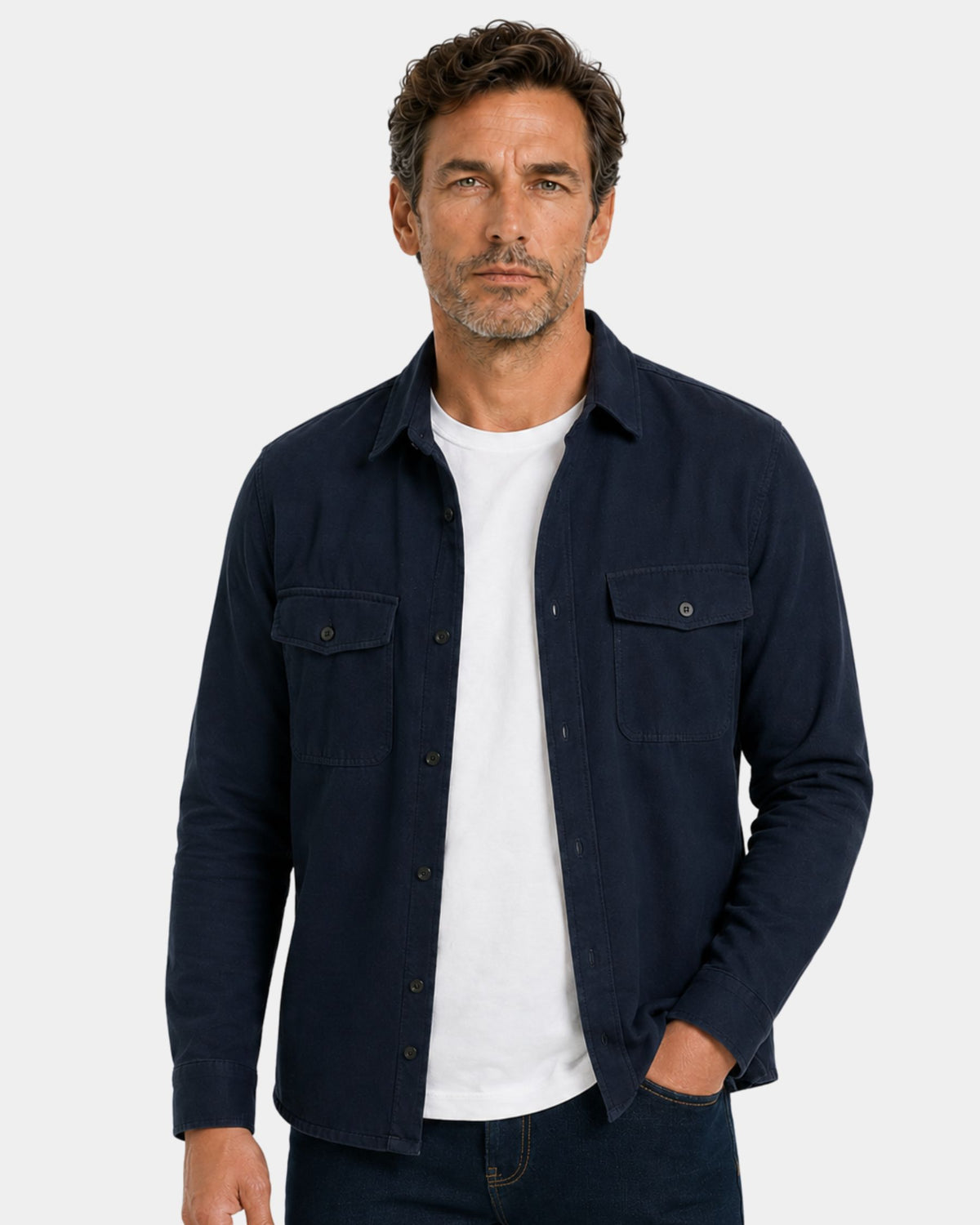 Grant Oak navy overshirt on male model, front view upper body, light gray background #color_navy