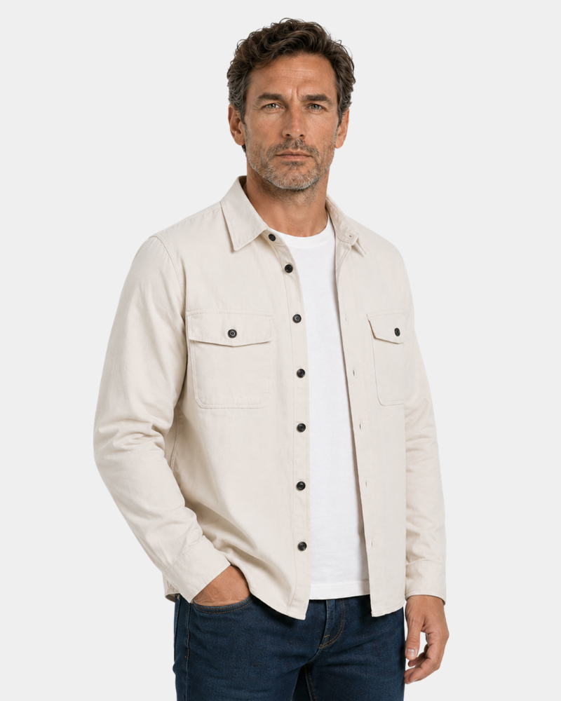 Grant Oak stone overshirt worn over a white T-shirt, front view #color_stone