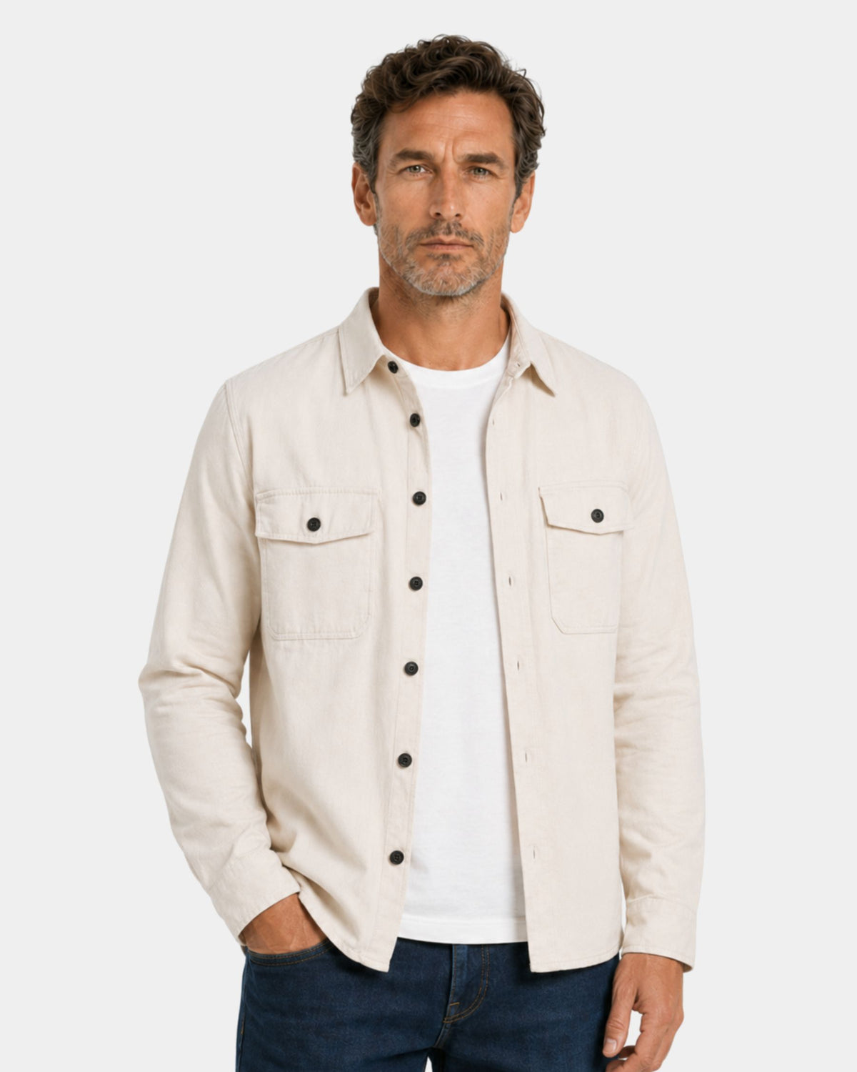 Grant Oak stone overshirt worn over a white T-shirt, three-quarter view #color_stone