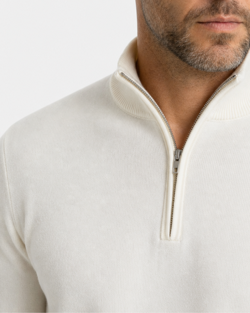 Grant Oak beige Knit Half-Zip Sweater, close-up of zip and collar, white background #color_beige