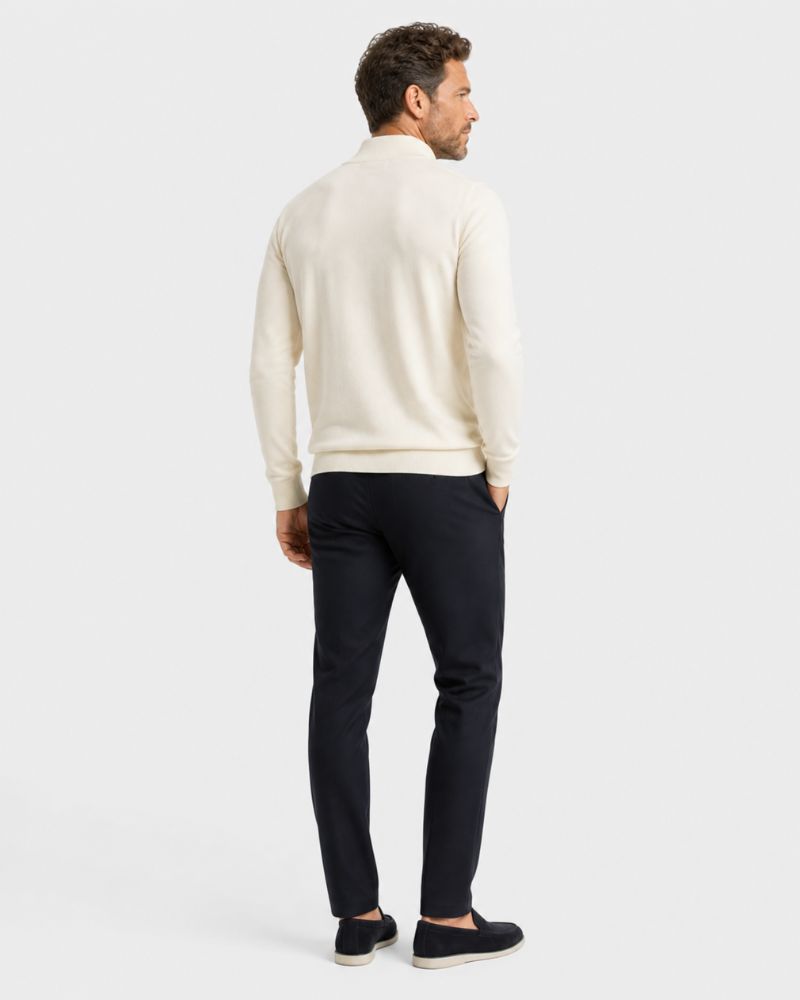Grant Oak beige Knit Half-Zip Sweater styled with black trousers, full-body side view, white background #color_beige