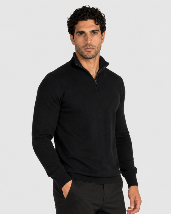Grant Oak black half-zip knit sweater on male model, three-quarter view, upper body, light gray background. #Color_black