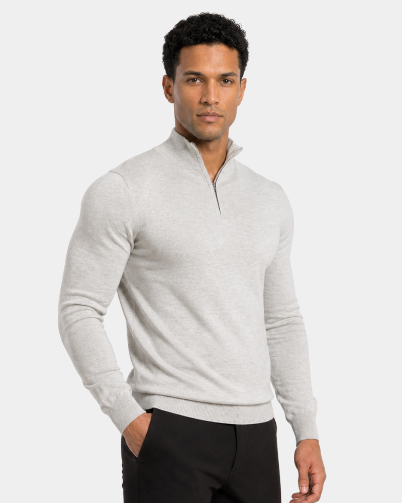 Man wearing a Grant Oak gray sweater on a white background #color_gray