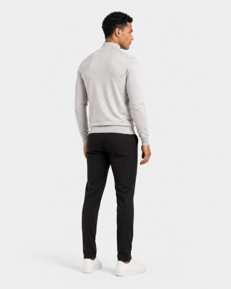 Grant Oak gray Knit Half-Zip Sweater styled with black trousers, full-body side view, white background #color_gray
