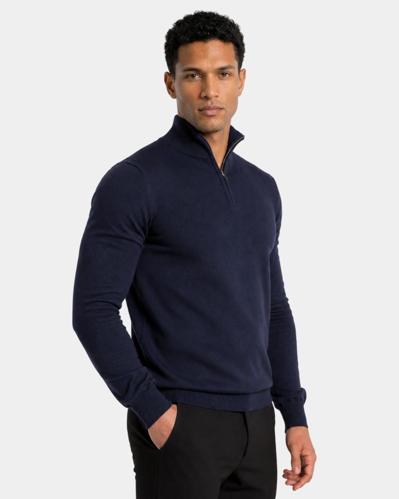 Grant Oak navy Knit Half-Zip Sweater on male model, front view, upper body, light gray background #color_navy