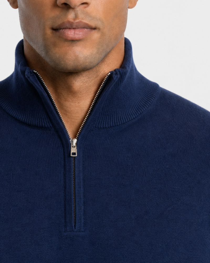 Grant Oak navy Knit Half-Zip Sweater with the zip open, on male model, light gray background #color_navy