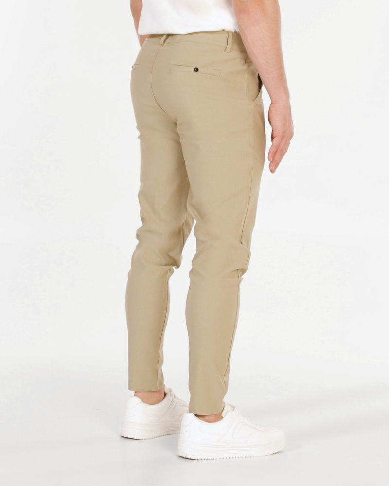 Grant Oak beige lightweight stretch chinos with rear welt pockets, back view #color_beige