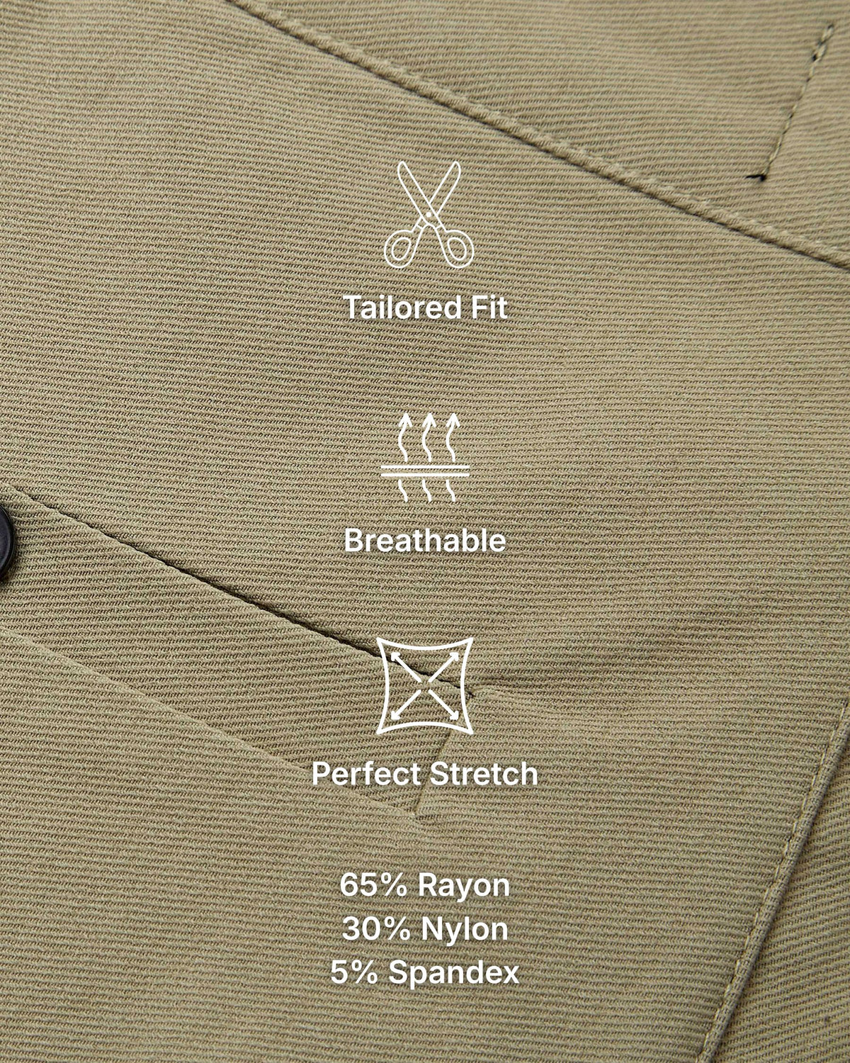 Grant Oak Smart Fit Chinos 2-Pack Black & Beige — close-up of beige fabric with feature icons and text: tailored fit, breathable, perfect stretch, 65% rayon, 30% nylon, 5% spandex.
