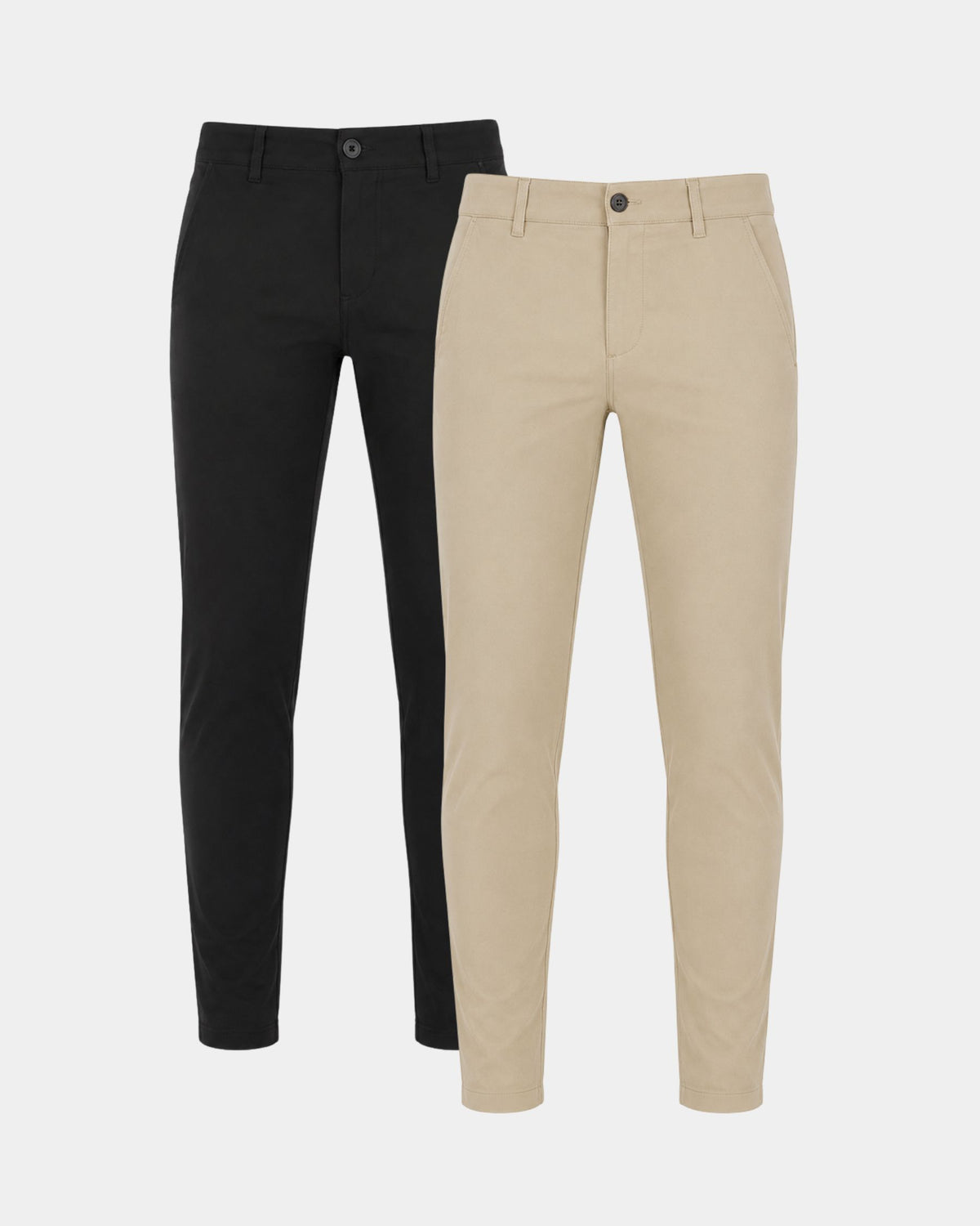Grant Oak Smart Fit Chinos 2-Pack Black & Beige — two slim-fit trousers side by side on a light gray background, one in black and one in beige/khaki.
