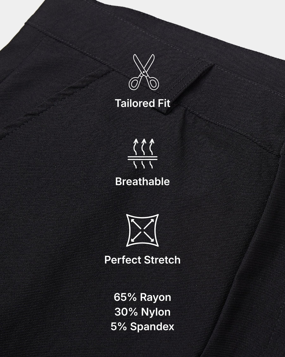 Grant Oak Smart Fit Chinos 2-Pack Black & Navy — close-up of black fabric with feature icons and text: tailored fit, breathable, perfect stretch, 65% rayon, 30% nylon, 5% spandex.