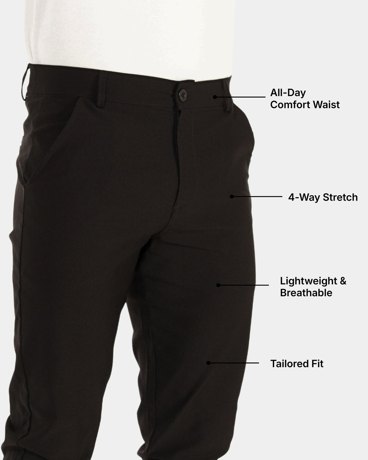 Grant Oak Smart Fit Chinos 2-Pack Black & Navy — black chinos with callout details on all-day comfort waist, 4-way stretch, lightweight & breathable, and tailored fit.