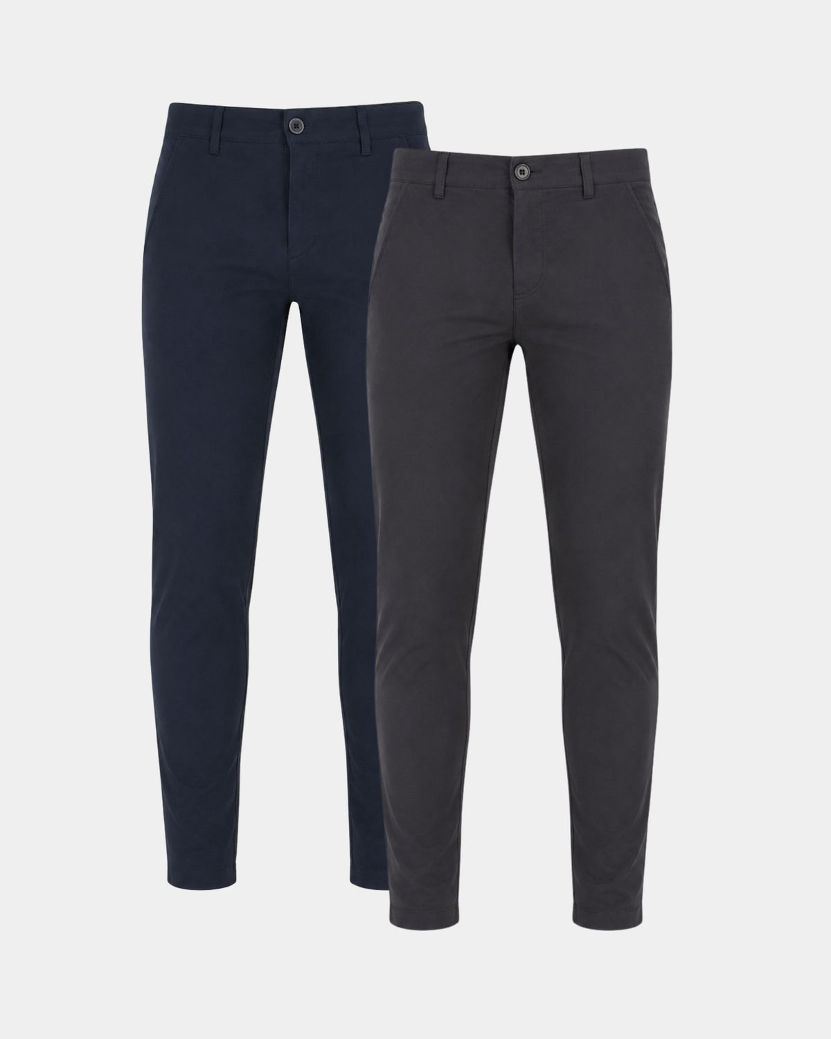 Grant Oak Smart Fit Chinos 2-Pack Navy & Dark Gray — two slim-fit trousers on a light gray background, one in dark navy blue and one in dark charcoal gray.