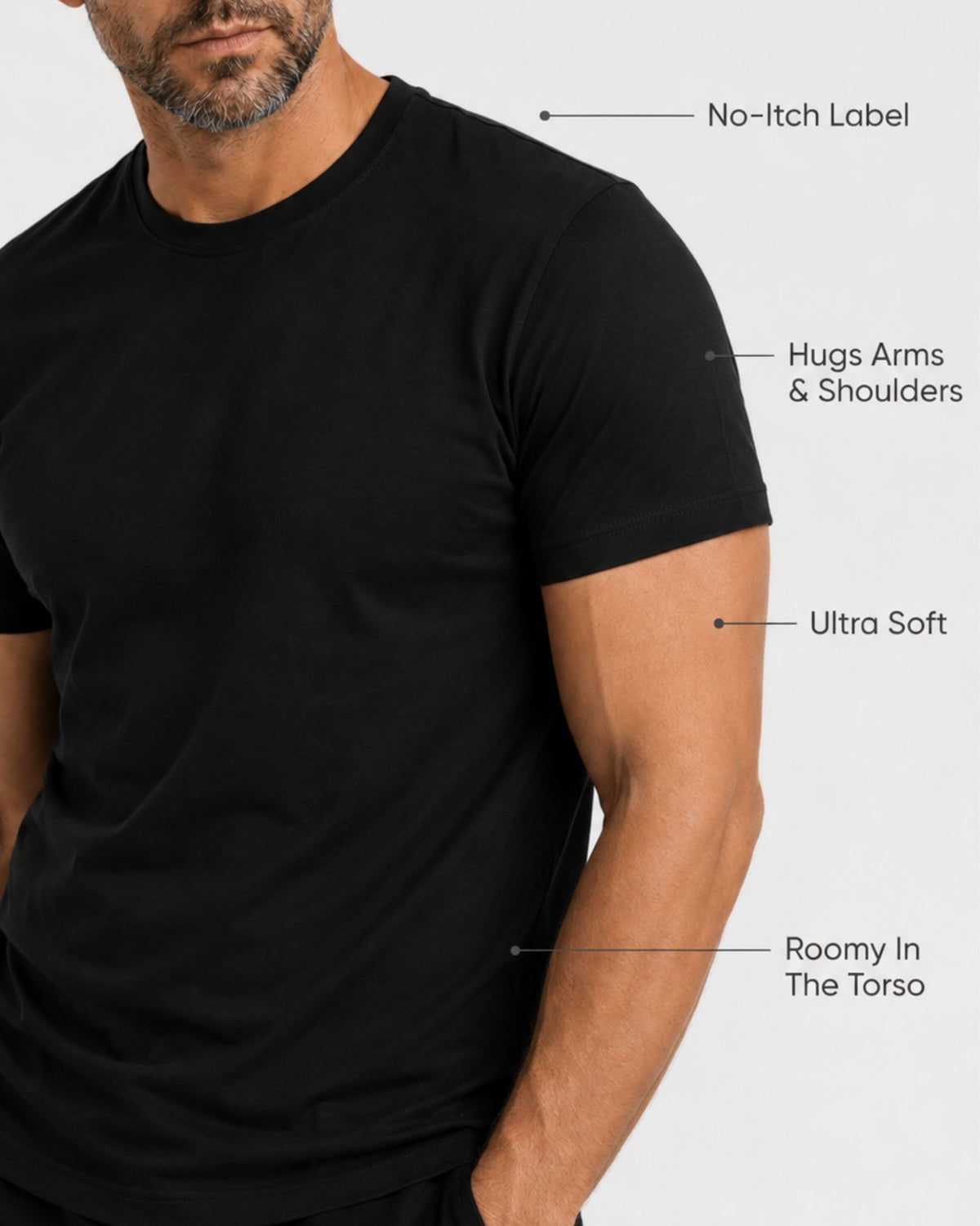 Grant Oak Smart Fit T-Shirt 10-Pack All Black — man wearing the black t-shirt with feature callouts, light gray background.
