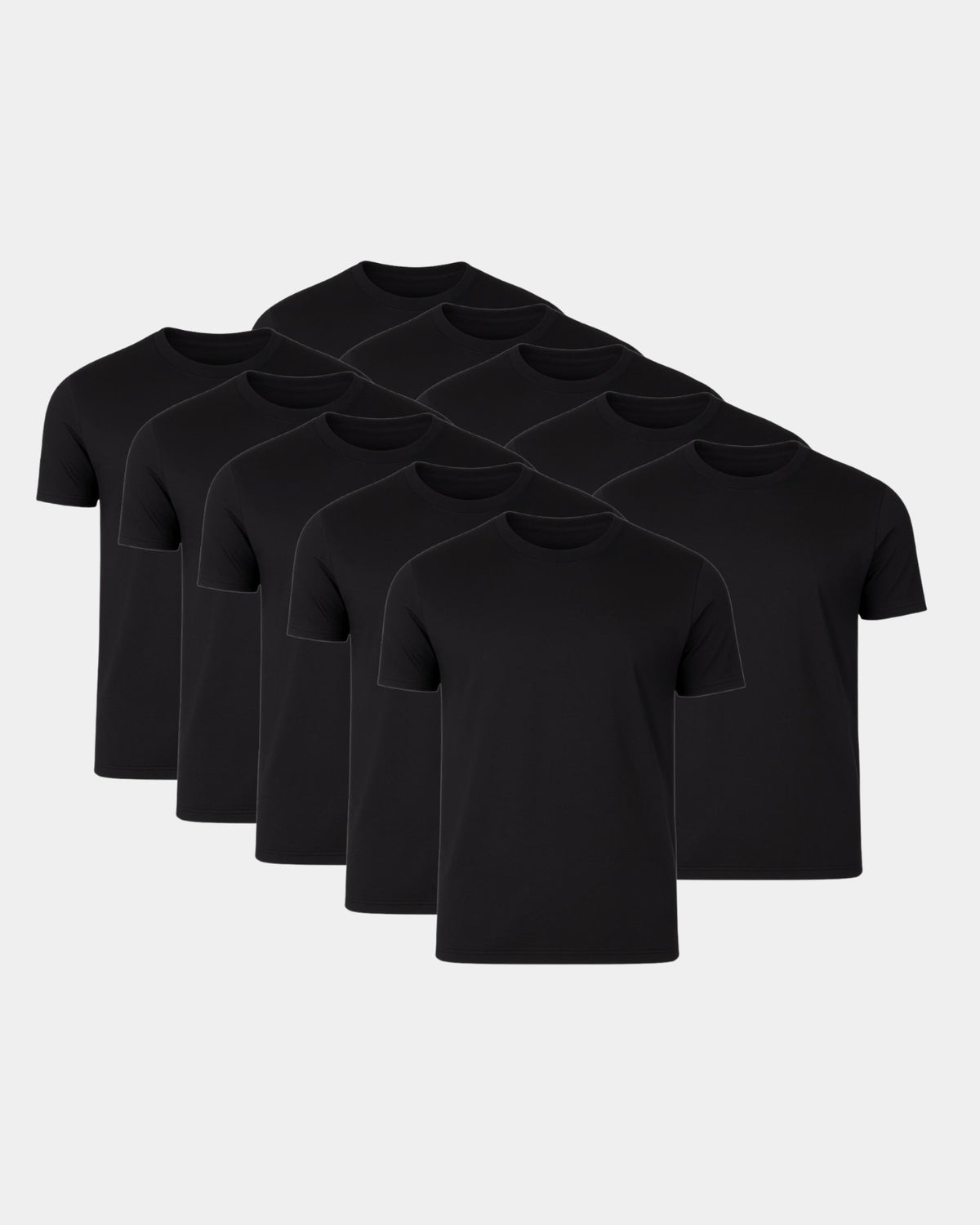 Grant Oak Smart Fit T-Shirt 10-Pack All Black — six black t-shirts arranged in a staggered fan layout on a light gray background.