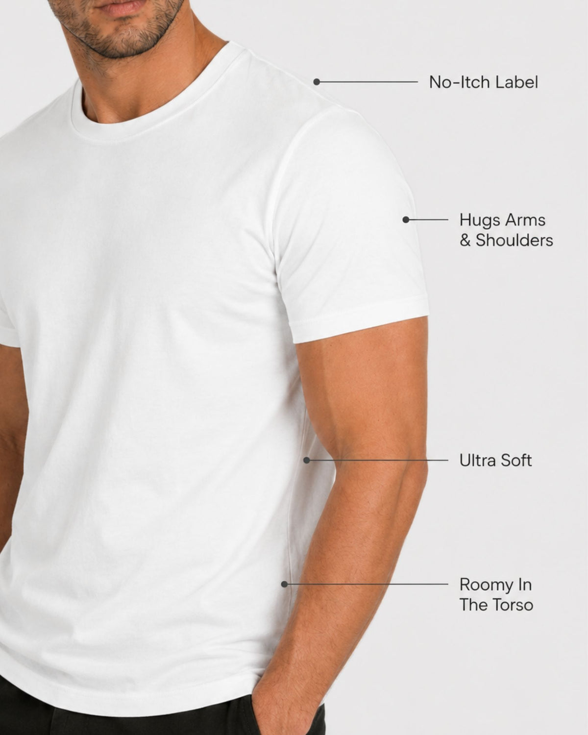 Grant Oak Smart Fit T-Shirt 10-Pack All White — man wearing the white t-shirt with feature callouts, light gray background.